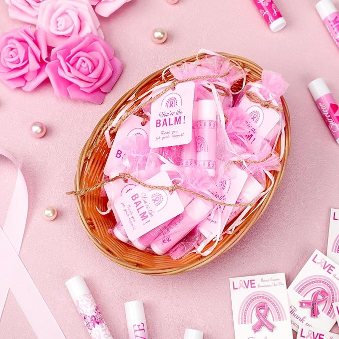 100 Set Pink Ribbon Breast Cancer Awareness Gifts Bulk, 100 Lip Balms, 100 Organza Gift Bags and 100 Tags Perfect for Charity Events, Survivors Awareness Campaigns-GlimoraGlow