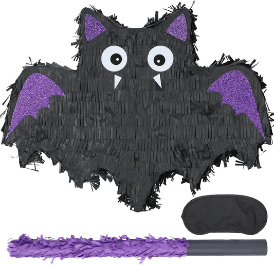 Halloween Bat Pinatas Bundle with a Blindfold and Bat (16.5 x12.6x4 Inches), Halloween Party Decoration Supply, Purple Bat Piñata, Birthday Theme Party Games