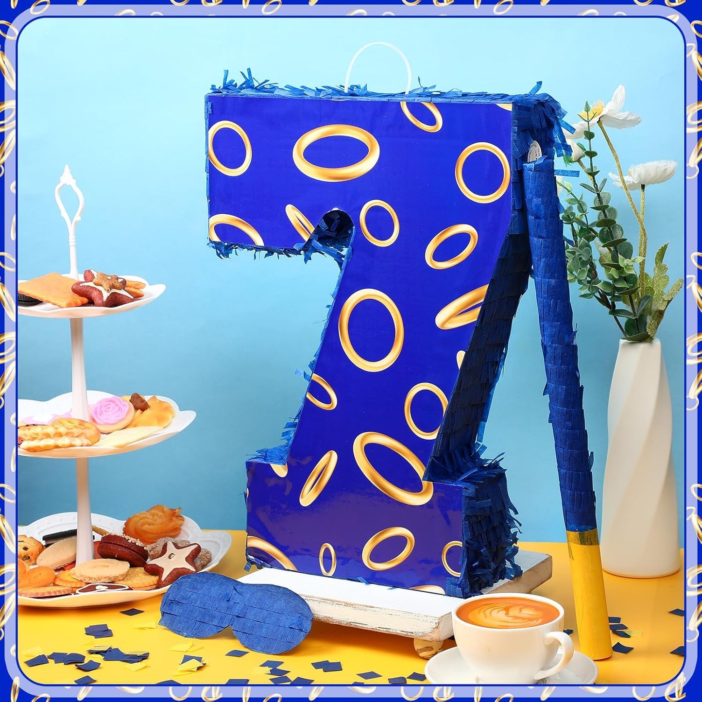 Number 7 Blue and Golden Rings Piñata for Kids Birthday Cartoon Theme Small Piñata with Blindfold Stick Confetti for Fiesta Cinco De Mayo Party Decor, 15.8 x 11 x 2.8 Inch