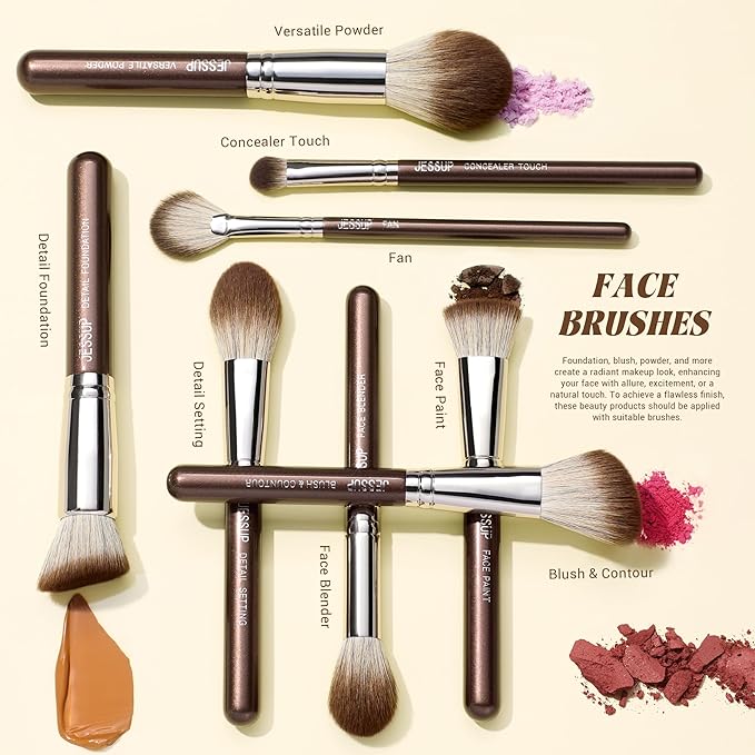 Jessup Makeup Brushes Set Professional 25pcs Premium Synthetic Make up Brushes for Foundation Eyeshadow Blending Concealer Blush Contour Bronzer Eyeliner Eyebrow, Shimmer Brown T511-GlimoraGlow