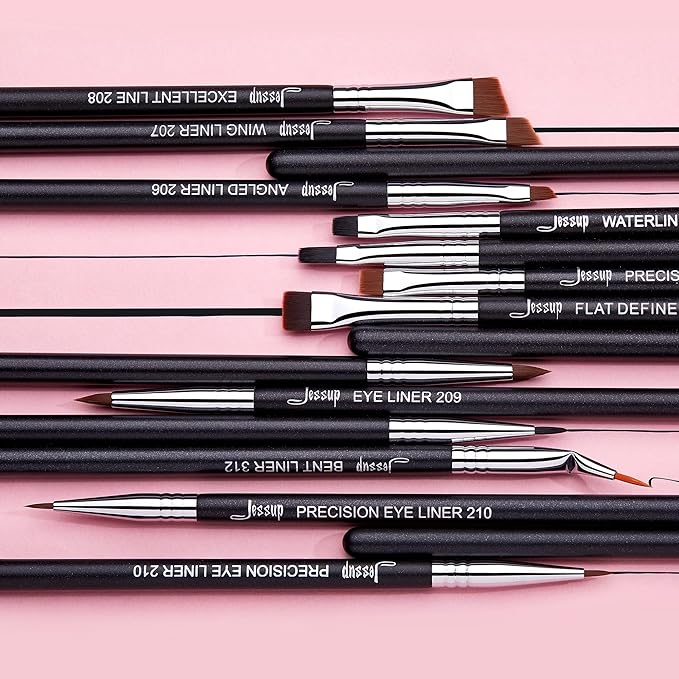 Jessup Eyeliner Brush Set, Professional Eye Liner Makeup Brushes 11pcs, Angled Flat Definer Ultra Fine Bent Pencil Point Eyeliner Brushes for Precision Liner, T324-GlimoraGlow