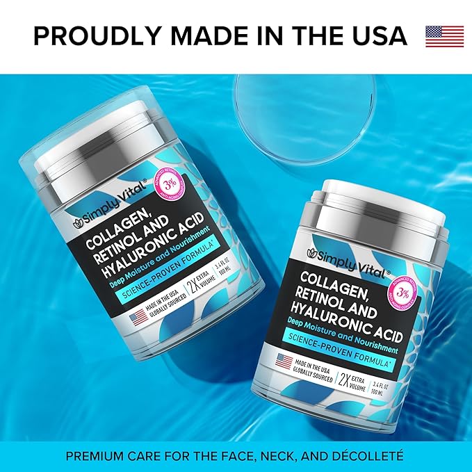 SimplyVital Collagen, Retinol & Hyaluronic Acid Cream - Anti-Aging Retinol Cream for Face, Neck & Décolleté - Made in USA - Daily Moisturizer Face Cream - 3.38 fl oz-GlimoraGlow