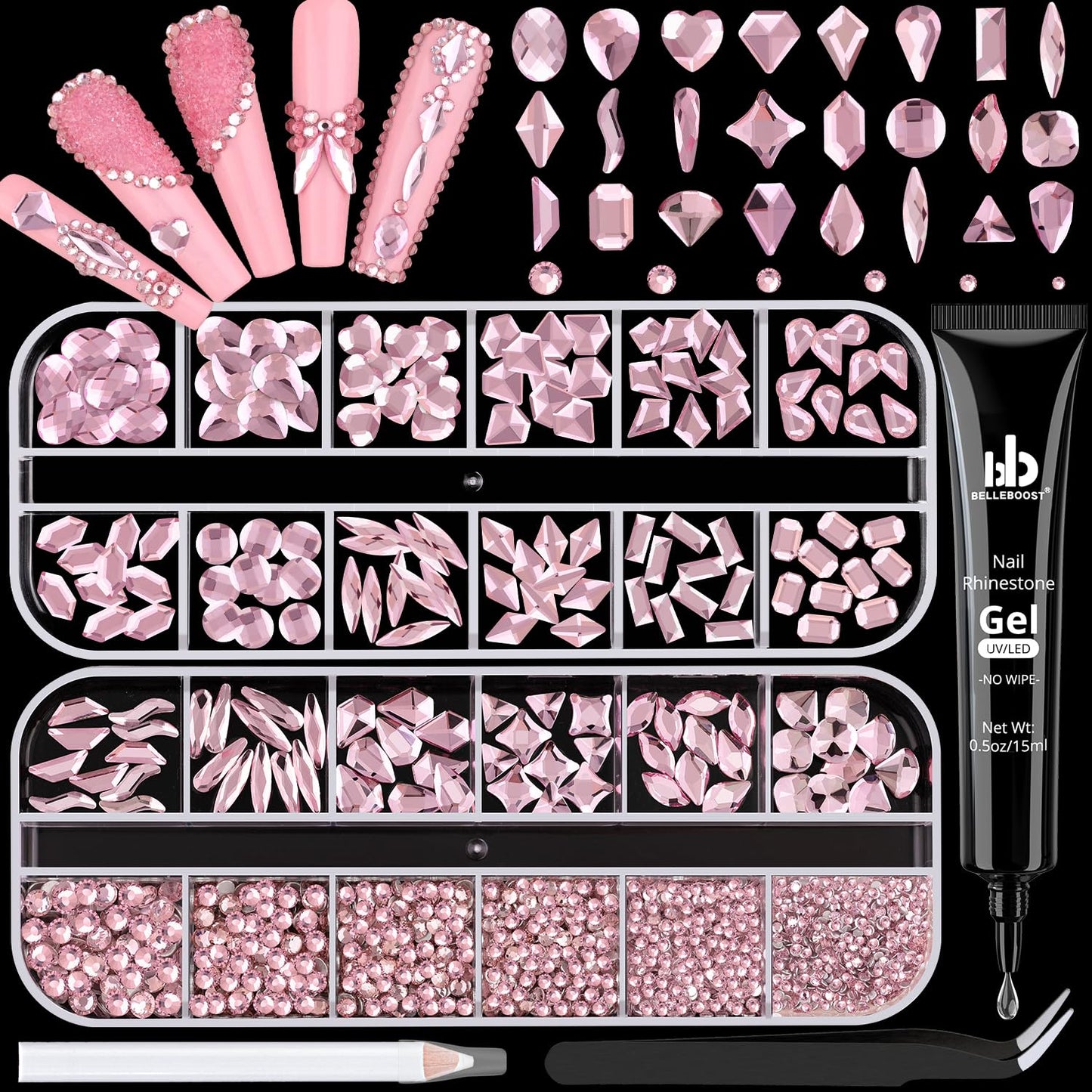 1680Pcs Pink Glass Nail Rhinestones 180Pcs Multi Shapes Flatback Nail Gems + 1500Pcs 1.5-4mm Round Crystal with Rhinestones Glue Gel, Manicure Nail Charms Diamond Gemstones for Nail Art-GlimoraGlow