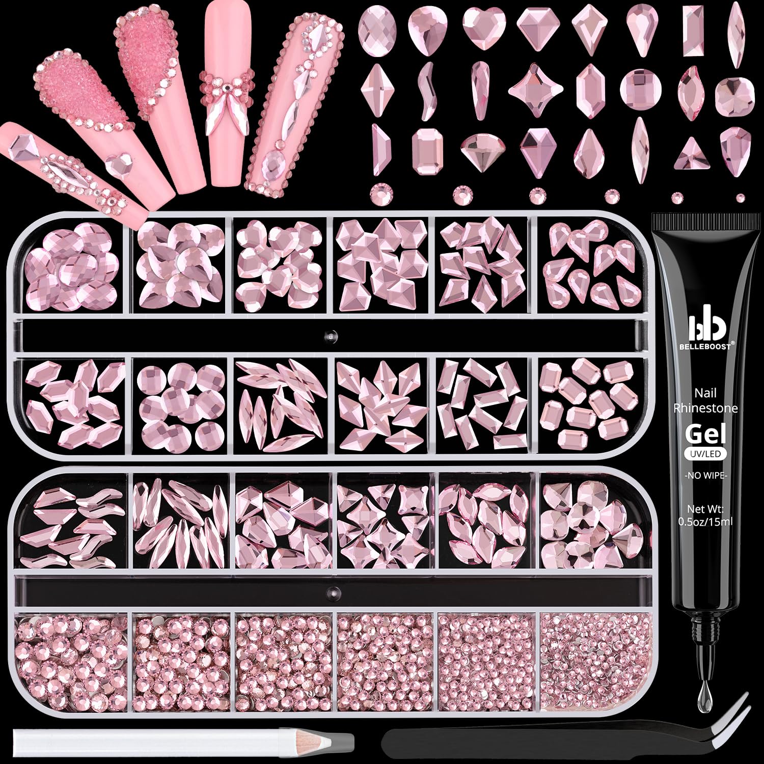 1680Pcs Pink Glass Nail Rhinestones 180Pcs Multi Shapes Flatback Nail Gems + 1500Pcs 1.5-4mm Round Crystal with Rhinestones Glue Gel, Manicure Nail Charms Diamond Gemstones for Nail Art-GlimoraGlow