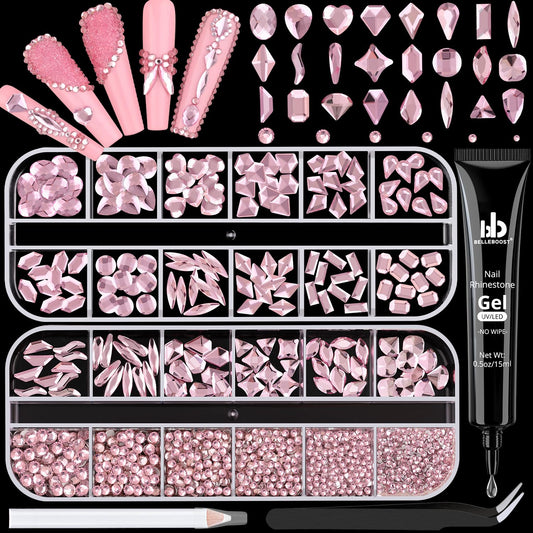 1680Pcs Pink Glass Nail Rhinestones 180Pcs Multi Shapes Flatback Nail Gems + 1500Pcs 1.5-4mm Round Crystal with Rhinestones Glue Gel, Manicure Nail Charms Diamond Gemstones for Nail Art-GlimoraGlow