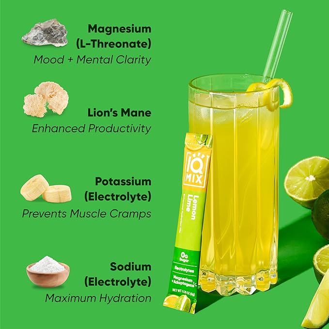 IQMIX Hydration Electrolyte Powder – 4-in-1 Formula for Hydration, Mental Clarity, Mood and Recovery – Sugar-Free Drink Mix, Keto, Magnesium L-Threonate, Lion’s Mane – 40 Count Lemon Lime-GlimoraGlow