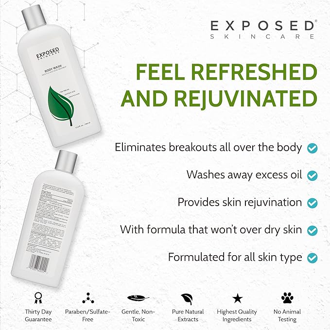 Exposed Skin Care Body Wash - Back and Body Acne Wash with Salicylic Acid and Tea Tree Oil – Exfoliating Bacne Treatment for Clearer, Healthier Skin – Body Cleanser for All Skin Types (12 fl oz)-GlimoraGlow