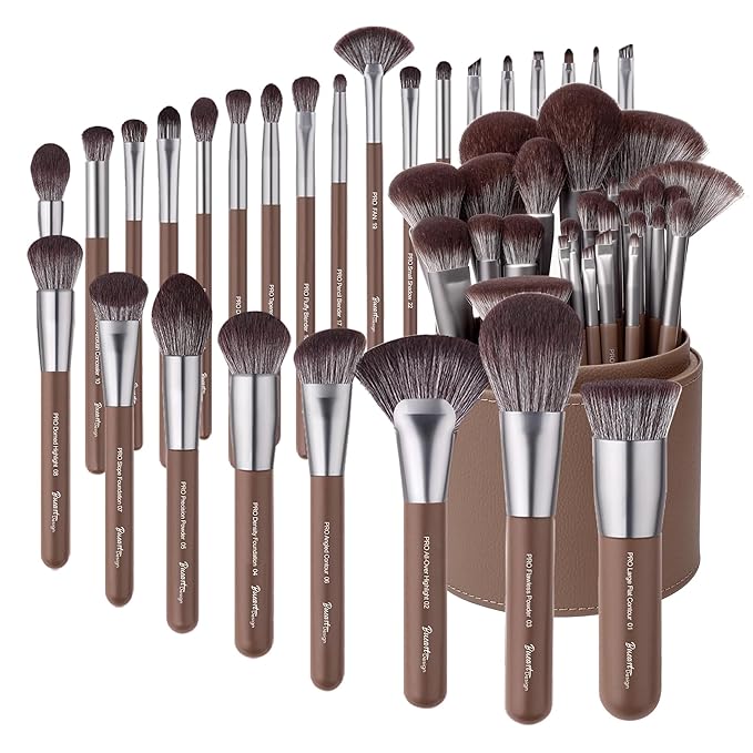 Bueart Design 26 Pcs Chocolate-colored Gift Makeup Brushes Set with Extra Large Holder,Elegant Make up Brushes for Foundation,Face Blending Powder, Contour, Highlight, Concealer, Eyeshadow-GlimoraGlow