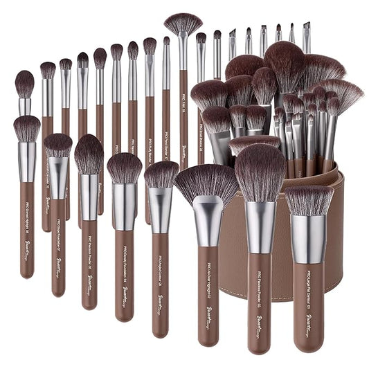 Bueart Design 26 Pcs Chocolate-colored Gift Makeup Brushes Set with Extra Large Holder,Elegant Make up Brushes for Foundation,Face Blending Powder, Contour, Highlight, Concealer, Eyeshadow-GlimoraGlow