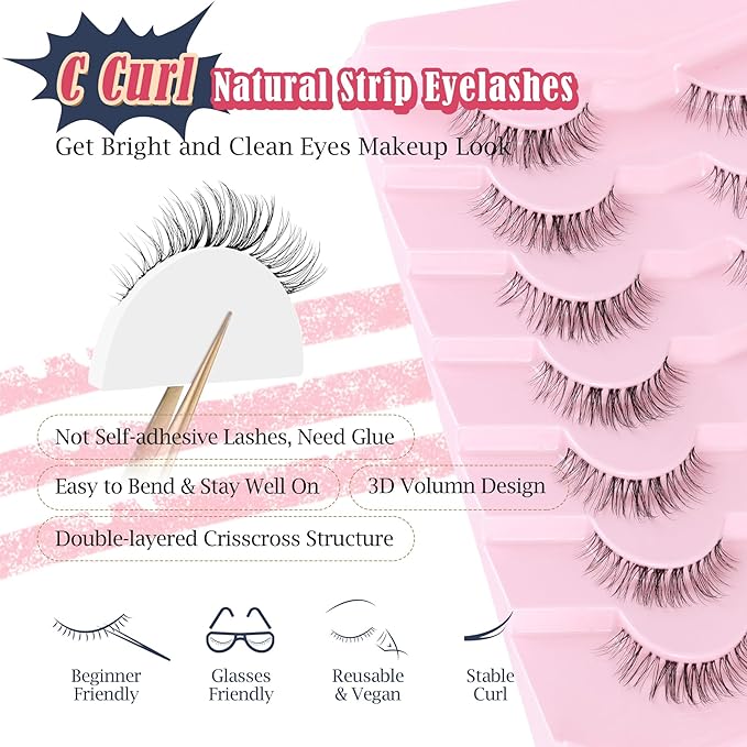 Eyelashes Natural False Lashes 14mm Eye Lashes with Thin Band 3D Volume Fake Eyelashes C Curl Wispy Lashes Natural Look 7 Pair-GlimoraGlow