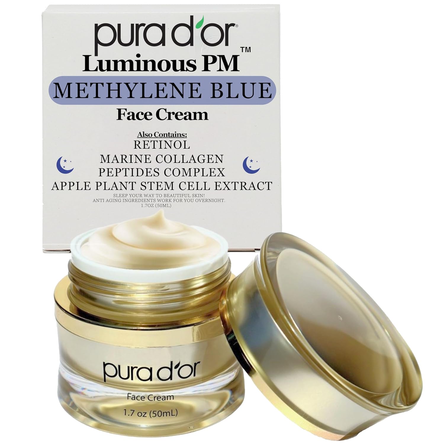 PURA D'OR 1.7 Oz Luminous PM Face Cream - Methylene Blue, Marine Collagen, Retinol, Peptides, Apple Stem Cell Extract - Anti-Aging Nighttime Moisturizer - Overnight Facial Treatment For Women & Men-GlimoraGlow