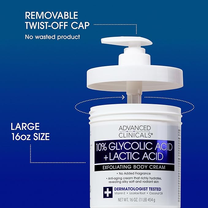 Advanced Clinicals 10% Glycolic Acid + Lactic Acid Lotion Exfoliant Moisturizing Cream With Hyaluronic Acid Moisturizer | AHA Exfoliating Body Cream Improves Look Of Uneven Rough Skin Texture, 2-Pack-GlimoraGlow