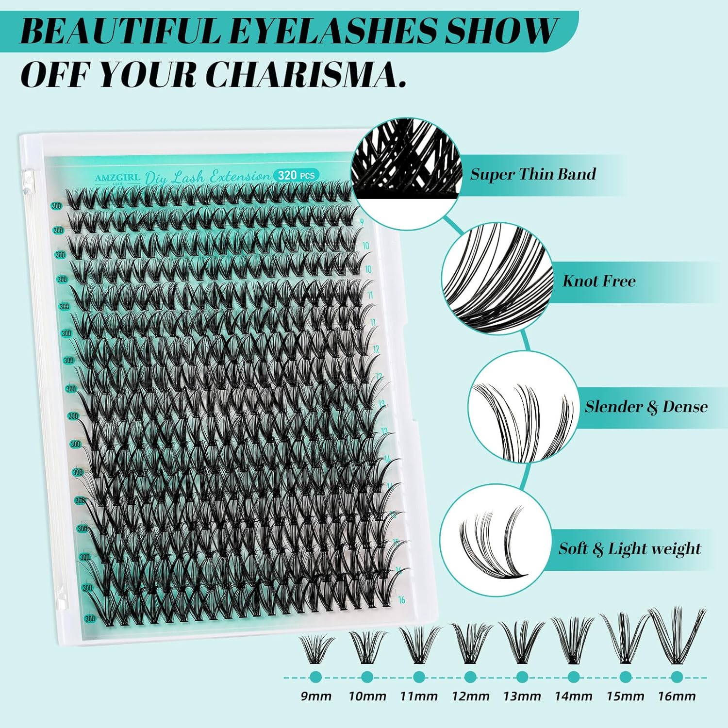 Lash Extension Kit 320Pcs,DIY Individual Lashes Clusters Kit,Lash Bond And Seal,Lash Remover For Eyelashes Extensions,Lash Applicator Tool For False Eyelash Cluster Kit At Home(30D,D-Mix9-16mm Kit)-GlimoraGlow