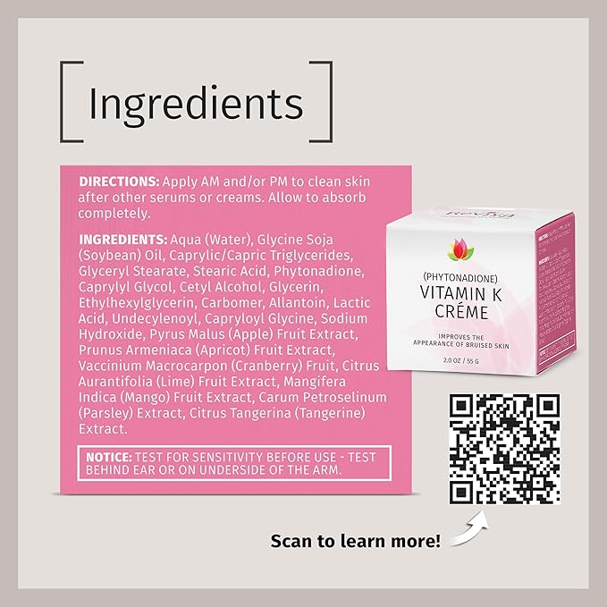 Reviva Labs Vitamin K Crème for Bruising, Under-Eye Dark Circles, and Wrinkles with Soybean Oil and Natural Fruit Extracts - 2 Oz, for Skin and Face-GlimoraGlow
