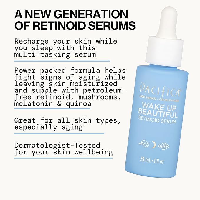 Pacifica Retinol Serum for Face - Wake Up Beautiful Retinoid Night Face Serum - Anti-Aging Skin Care & Skin Brightening - Retinol, Collagen & Antioxidants Vegan & Cruelty-Free Dermatologist Tested-GlimoraGlow