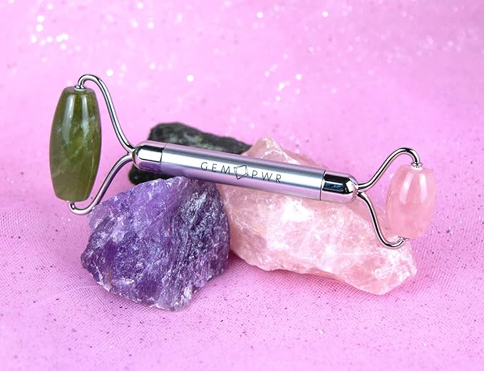 Rose Quartz + Jade Roller for Face and Neck Massage, Dual Gemstones with Durable Steel Handle and Travel Bag. Minimize Wrinkles, Reduce Puffiness and Restore Skin's Elasticity and Radiance-GlimoraGlow