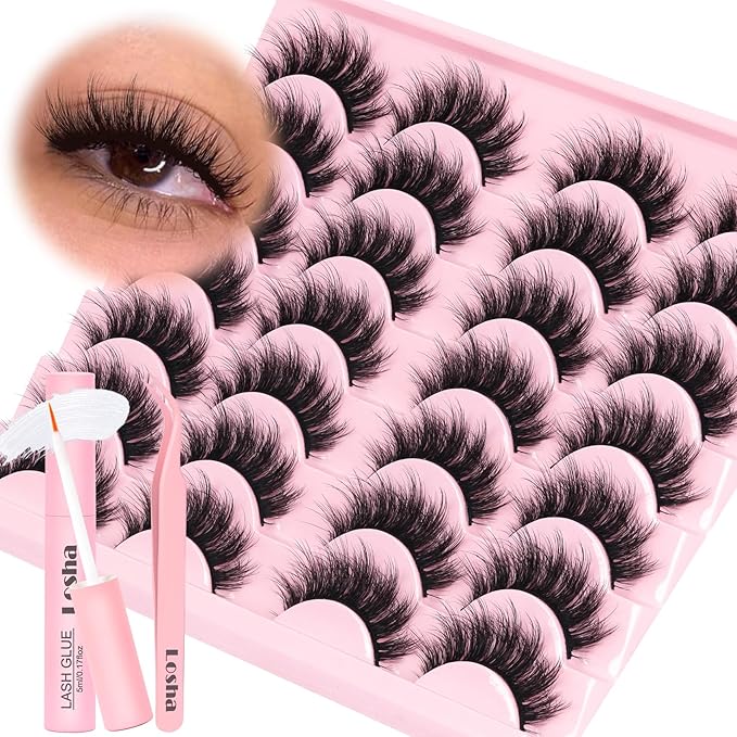 Losha Lashes Fluffy False Eyelashes 5D Volume Eye Lashes Kit with Lash Glue and Lash Tweezers 14 Pairs Vegan Fake Eyelashes Soft Faux Mink Lashes Pack (Thrives)-GlimoraGlow