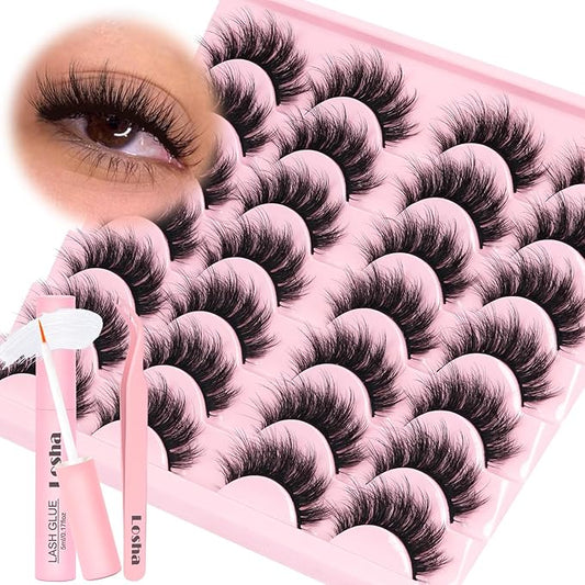 Losha Lashes Fluffy False Eyelashes 5D Volume Eye Lashes Kit with Lash Glue and Lash Tweezers 14 Pairs Vegan Fake Eyelashes Soft Faux Mink Lashes Pack (Thrives)-GlimoraGlow