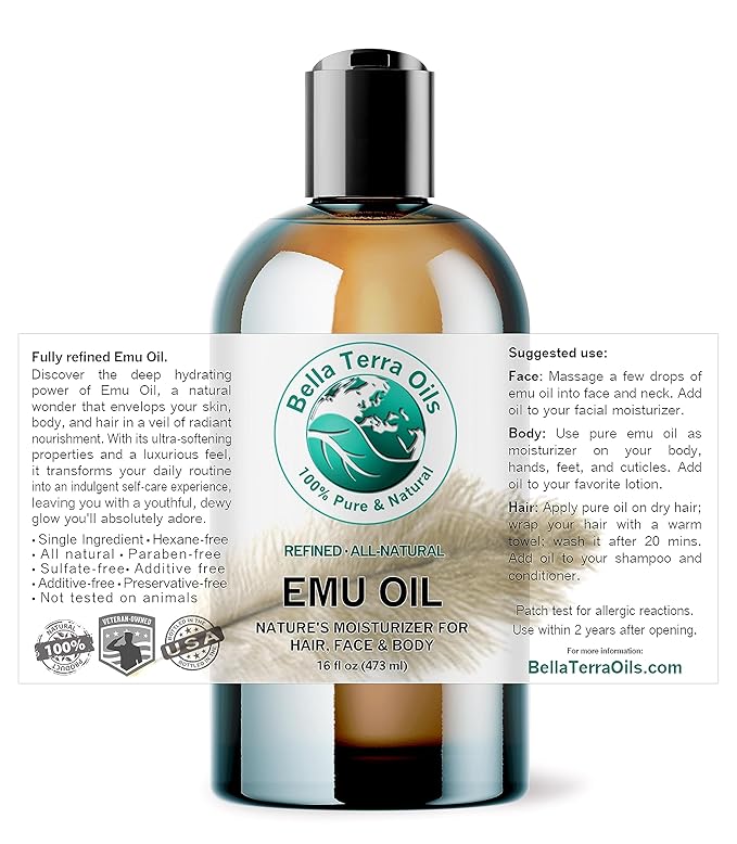 Emu Oil 16 oz 100% Pure Fully Refined Organic Undiluted - Bella Terra Oils-GlimoraGlow
