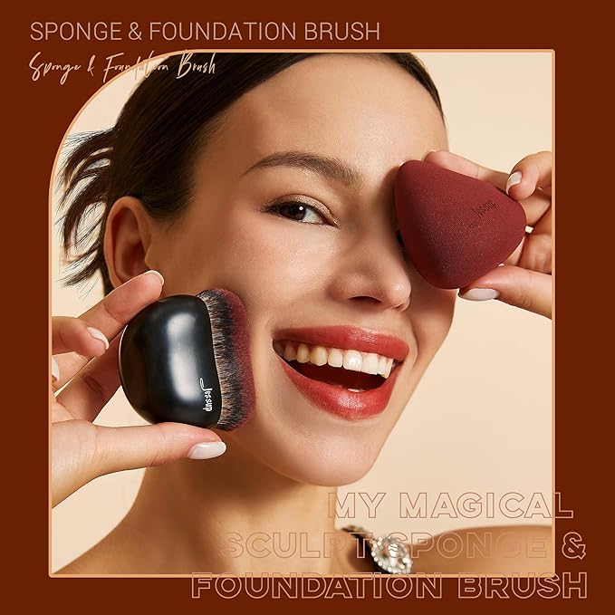 Jessup Foundation Brush with Makeup Sponge, Black Makeup Brush Flat Top Kabuki Brush for Liquid Blending Stippling, T881-GlimoraGlow