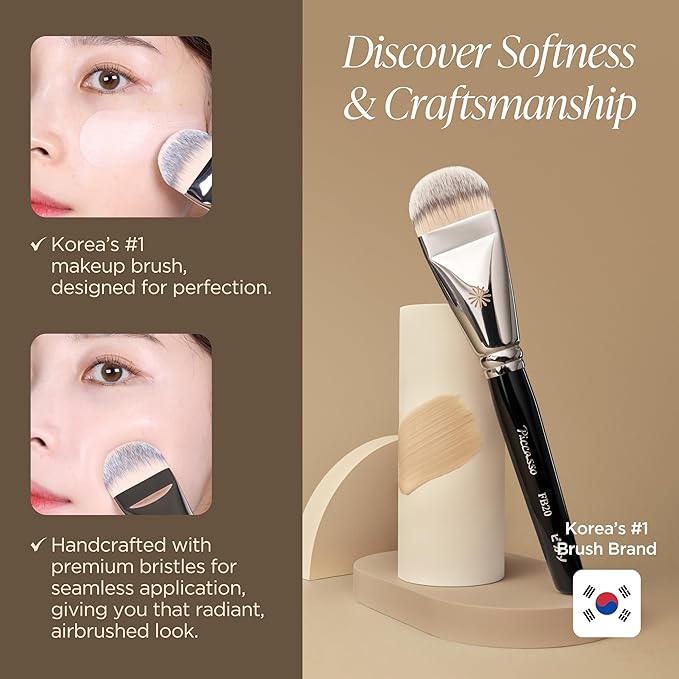 Piccasso FB20 Foundation Brush – Flat Makeup Brush for Liquid & Cream Foundation, Soft Synthetic Bristles for Seamless and High-Coverage Face Makeup, Professional Korean Beauty Tool for Daily Use-GlimoraGlow