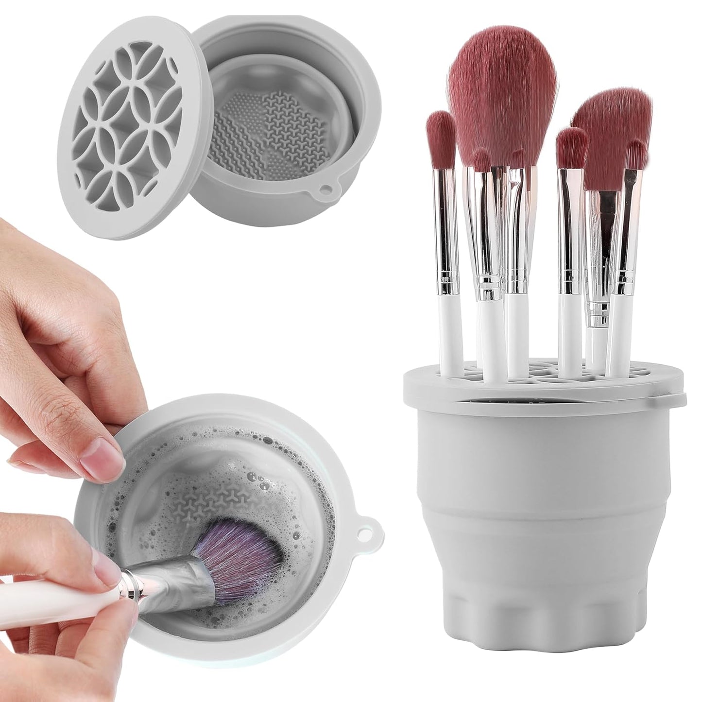 Makeup Brush Cleaner - Foldable Silicone Makeup Brush Cleaner Mat with Brush Storage Holder Makeup Brush Cleaning Bowl Cosmetic Brush Washing Tool for Cleaning Organizer and Drying (Grey)-GlimoraGlow