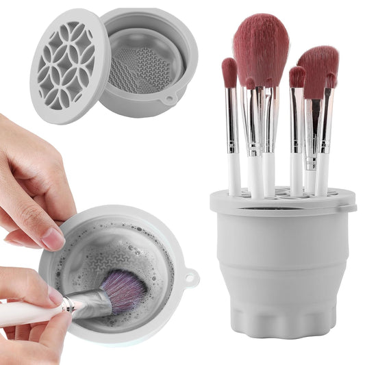 Makeup Brush Cleaner - Foldable Silicone Makeup Brush Cleaner Mat with Brush Storage Holder Makeup Brush Cleaning Bowl Cosmetic Brush Washing Tool for Cleaning Organizer and Drying (Grey)-GlimoraGlow