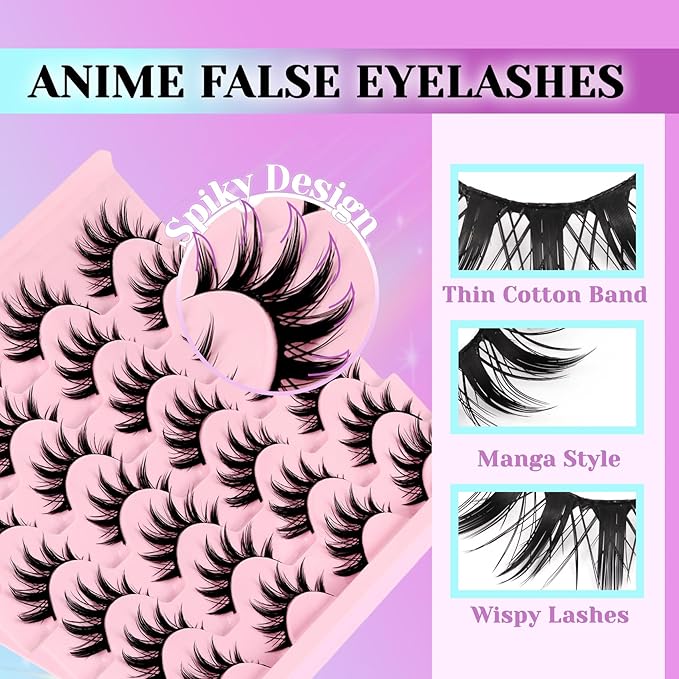 Losha Lashes Spiky Manga Lashes 14 Pairs Wispy False Eyelashes Natural Eye Lashes Kit with Lash Glue and Lash Tweezers Soft Anime Fake Eyelashes (Fairy)-GlimoraGlow