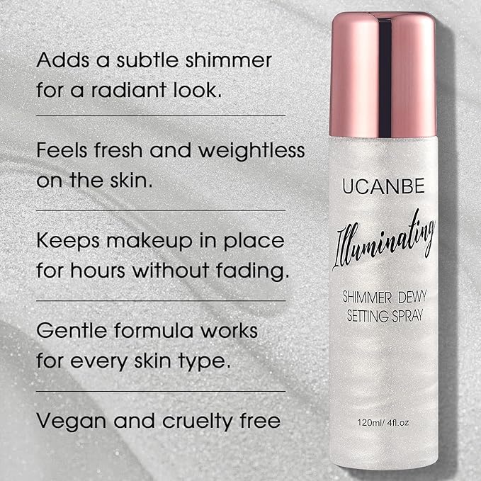 UCANBE Shimmer Dewy Setting Spray – Glowing + Makeup Setting Spray 2 in 1 Lightweight Formula for a Radiant Glow,Long-Lasting Face Mist for Face Body, 4 Fl Oz #Silver-GlimoraGlow