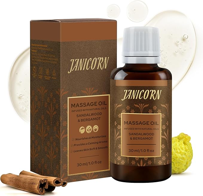 Sandalwood & Bergamot Botanical Massage Oil – Lightweight Body Oil with Jojoba & Almond – Wood & Citrus Aroma for Deep Massage, Fascia Release & Self-Care, 30ml (1.0 fl oz)-GlimoraGlow