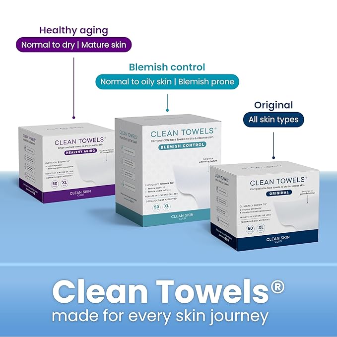 Clean Skin Club Clean Towels XL™ Supreme, 100% USDA Biobased Dermatologist Approved Face Towel, Gentle Exfoliation, Disposable Facial Washcloth, Makeup Remover Dry Wipes, 50 Count-GlimoraGlow