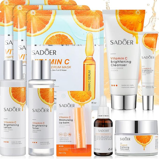 10 Pcs Skin Care Sets Face Care Set for Women Includes 1 Pcs Cleanser, Toner, Lotion, Eye Cream, Serum, Face Cream, Lip Balm and 3 Facial Masks Skincare Gift for Girls (Vitamin C)-GlimoraGlow