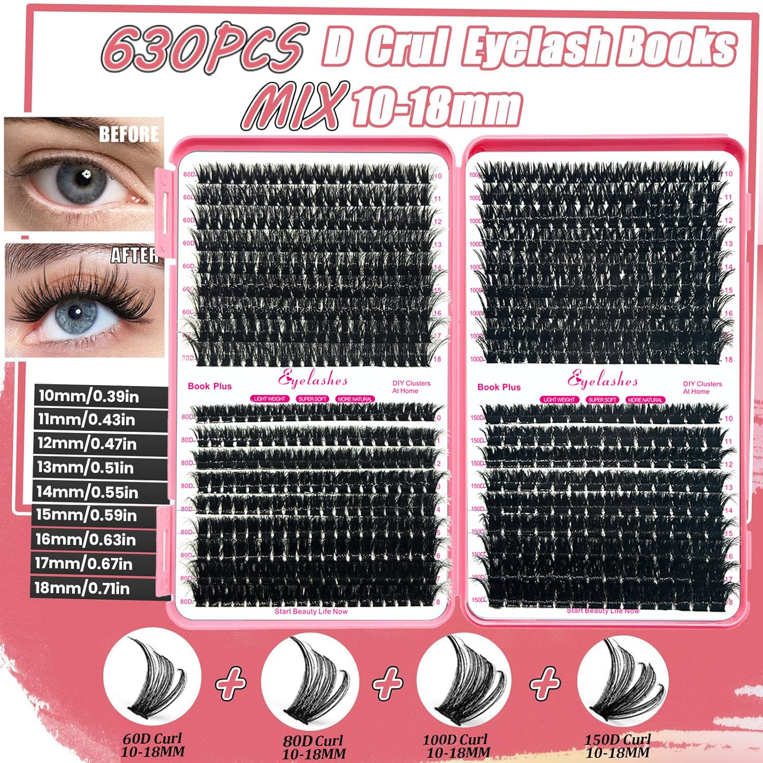 DIY Lash Extension Kit 630Pcs 10-18mm D Curl Lashes Clusters with Lash Bond and Seal Glue Remover Lash Shampoo Cleansing Brush Headband Wristband Tweezers Eyelash Brush Applicator-GlimoraGlow