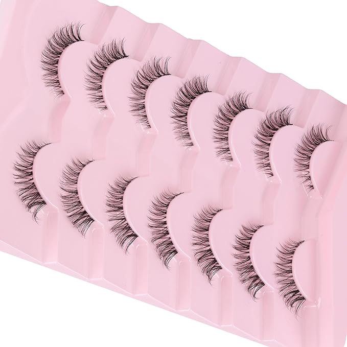 Cat Eyelashes Wispy False Eyelashes Natural 12mm Short Lashes with Thin Band Fake Eyelash 3D Volume Strip Lashes Siligli Eyelash Pack 7 Pair-GlimoraGlow