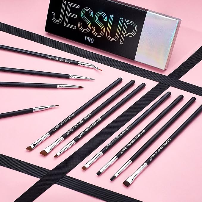 Jessup Eyeliner Brush Set, Professional Eye Liner Makeup Brushes 11pcs, Angled Flat Definer Ultra Fine Bent Pencil Point Eyeliner Brushes for Precision Liner, T324-GlimoraGlow