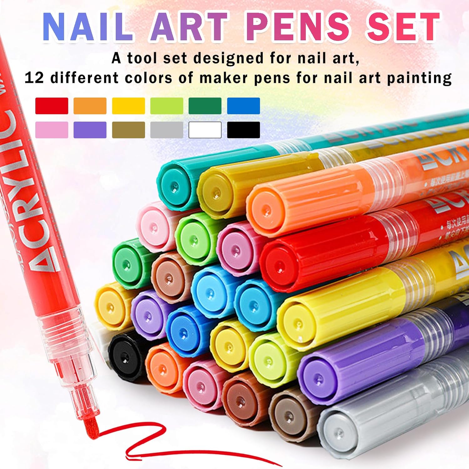 12 Colors Nail Art Pens Set Nail Polish Pens Nail Art Drawing Pen Quick Dry Waterproof Nail Art Painting Pens kit for Home DIY Nail Art Design-GlimoraGlow