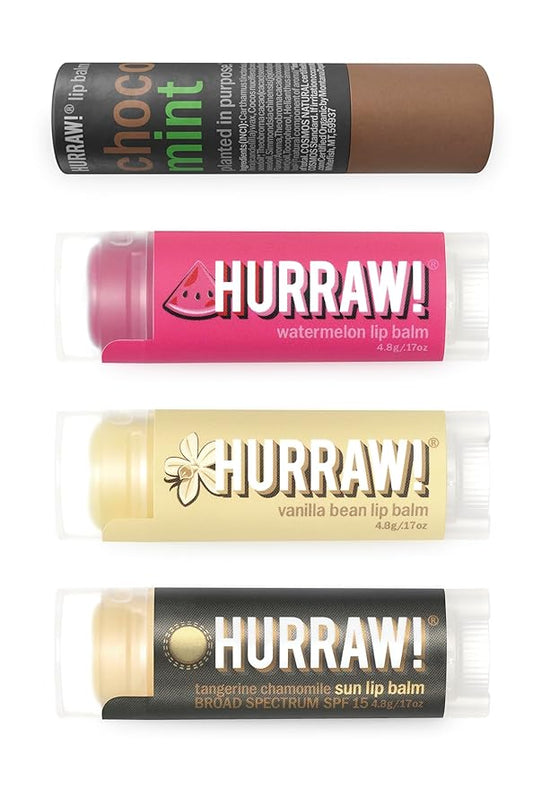 Hurraw! Lip Balms: Staff Favorites, 4 Balm Bundle Pack – Chocolate Mint, Watermelon, Vanilla Bean and Sun (SPF 15): Organic, Certified Vegan. 100% Natural Ingredients. Bee, Shea, Soy and Palm Free.-GlimoraGlow