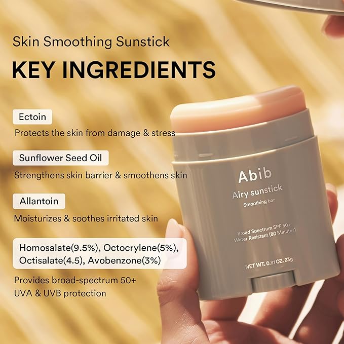Abib Airy Sunstick Protection Bar Broad Spectrum SPF50+ 0.81 oz / 23 g (Semi-matte) | Korean Suncreen Stick Suncare Sunblock, No Whitecast, Protector Solar Barra, Water resistant-GlimoraGlow