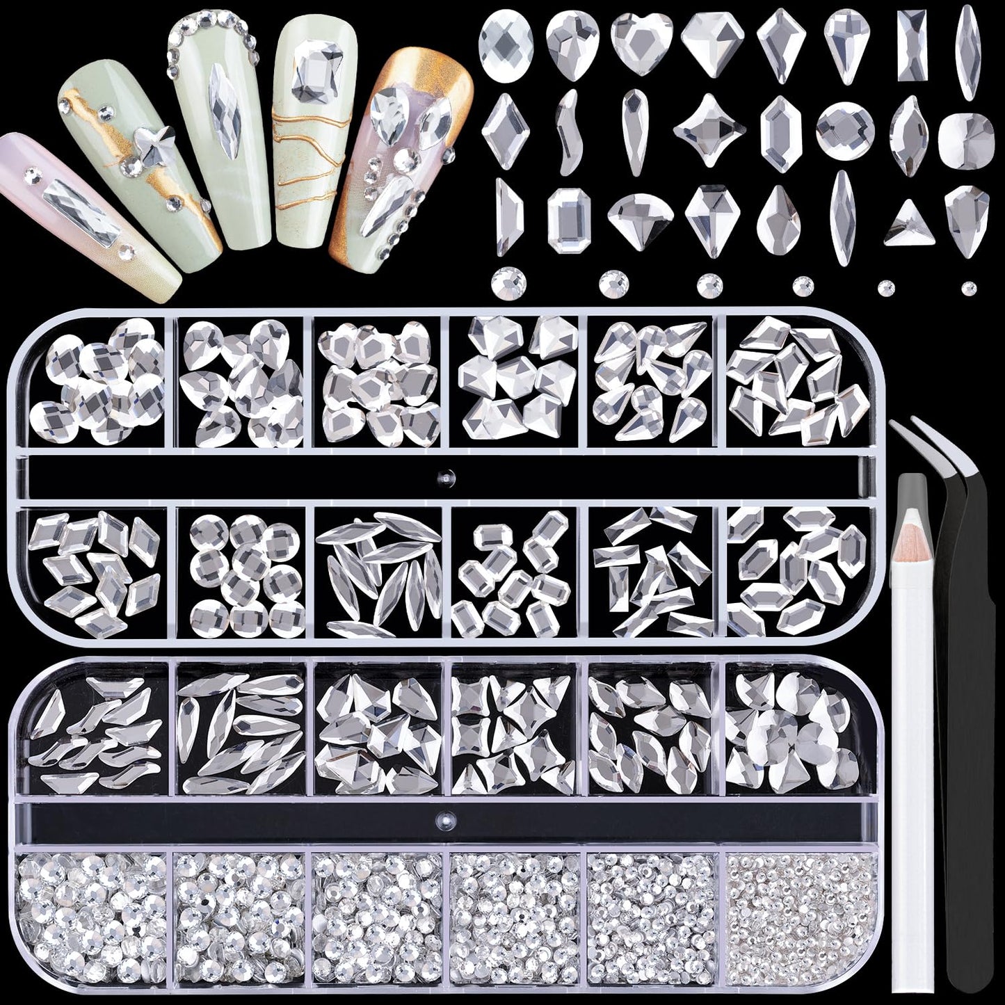 1680Pcs Silver Clear Nail Rhinestones 180Pcs Multi Shapes Glass Flatback Nail Gems + 1500Pcs 1.5-4mm Round Crystal, Manicure Nail Charms Diamond Gemstones for Acrylic Nails Decoration-GlimoraGlow