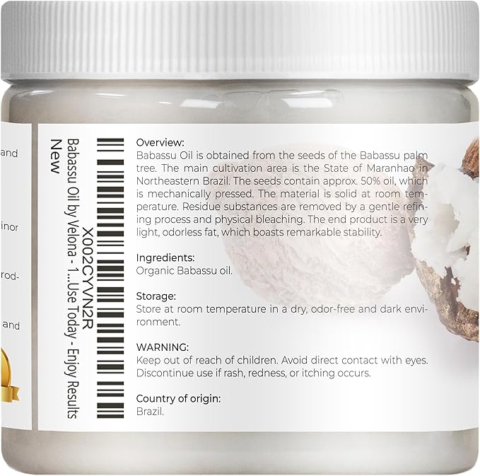 velona Babassu Oil USDA Certified Organic - 16 Fl Oz | 100% Pure and Natural Carrier Oil | Refined, Cold Pressed | Face, Hair, Body & Skin Care and Cooking | Use Today - Enjoy Results-GlimoraGlow