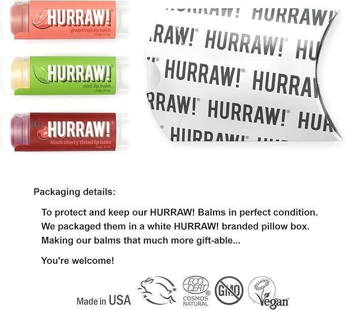 Hurraw! Grapefruit, Mint, Black Cherry Tinted Lip Balms, 3 Pack Bundle: Organic, Certified Vegan, Cruelty and Gluten Free. Non-GMO, 100% Natural. Bee, Shea, Soy & Palm Free. Made in USA-GlimoraGlow