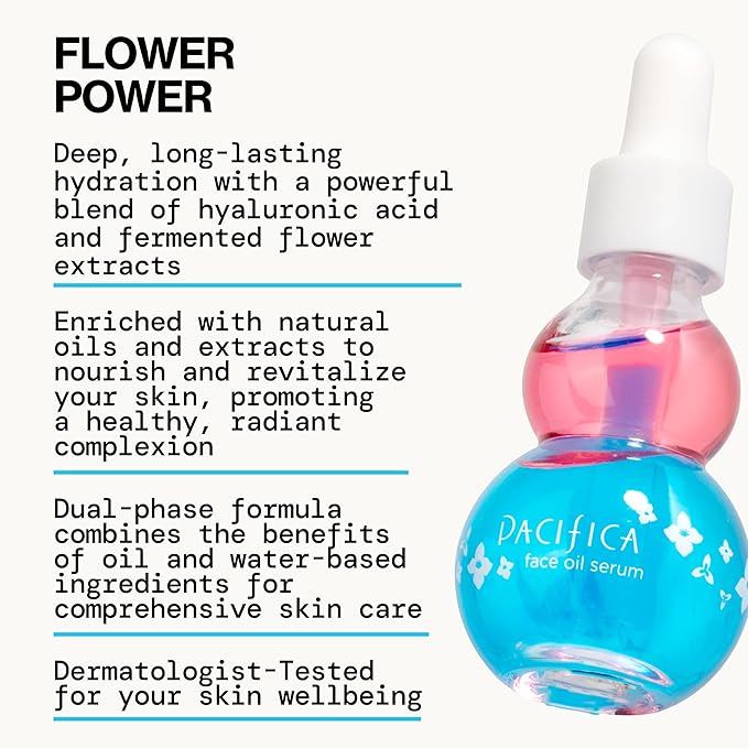 Pacifica Face Oil Serum - Flower Fix Bi-Phase Hydrating Skin Barrier - w/Hyaluronic Acid & Natural Botanical Ingredients - for Dry Sensitive Skin Vegan & Cruelty-Free Dermatologist Approved-GlimoraGlow