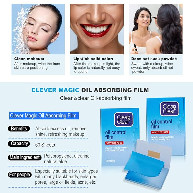 Premium Oil Control Film,Same Series with Clean&Clear Oil Absorbing Sheets,180Sheets/3Pack Larger Oil Blotting Sheets for Face,Makeup Friendly High-performance Handy Face Blotting Paper for Oily Skin-GlimoraGlow
