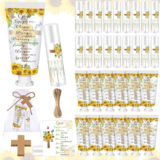 144 Pcs Christian Lip Balm Hand Cream Set Party Favors, Include 36 Bible Lip Balm 36 Moisturizing Hand Cream 36 Bags 36 Cards and Ropes for Accessories Gifts (Biblical, Sunflower)-GlimoraGlow