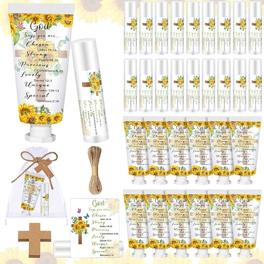 144 Pcs Christian Lip Balm Hand Cream Set Party Favors, Include 36 Bible Lip Balm 36 Moisturizing Hand Cream 36 Bags 36 Cards and Ropes for Accessories Gifts (Biblical, Sunflower)-GlimoraGlow