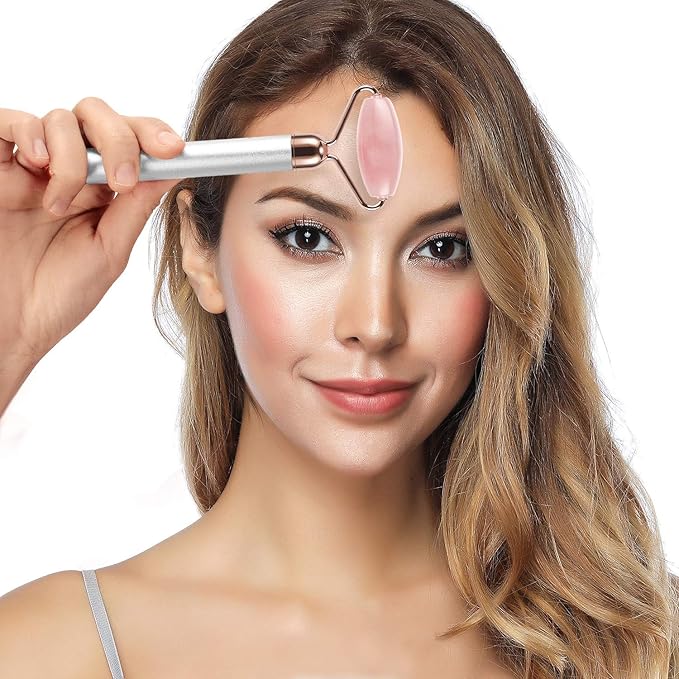 DANGSHAN 3-in-1 Electric Jade Roller 3D Roller Facial Roller & Face Massager, Rose Quartz-GlimoraGlow