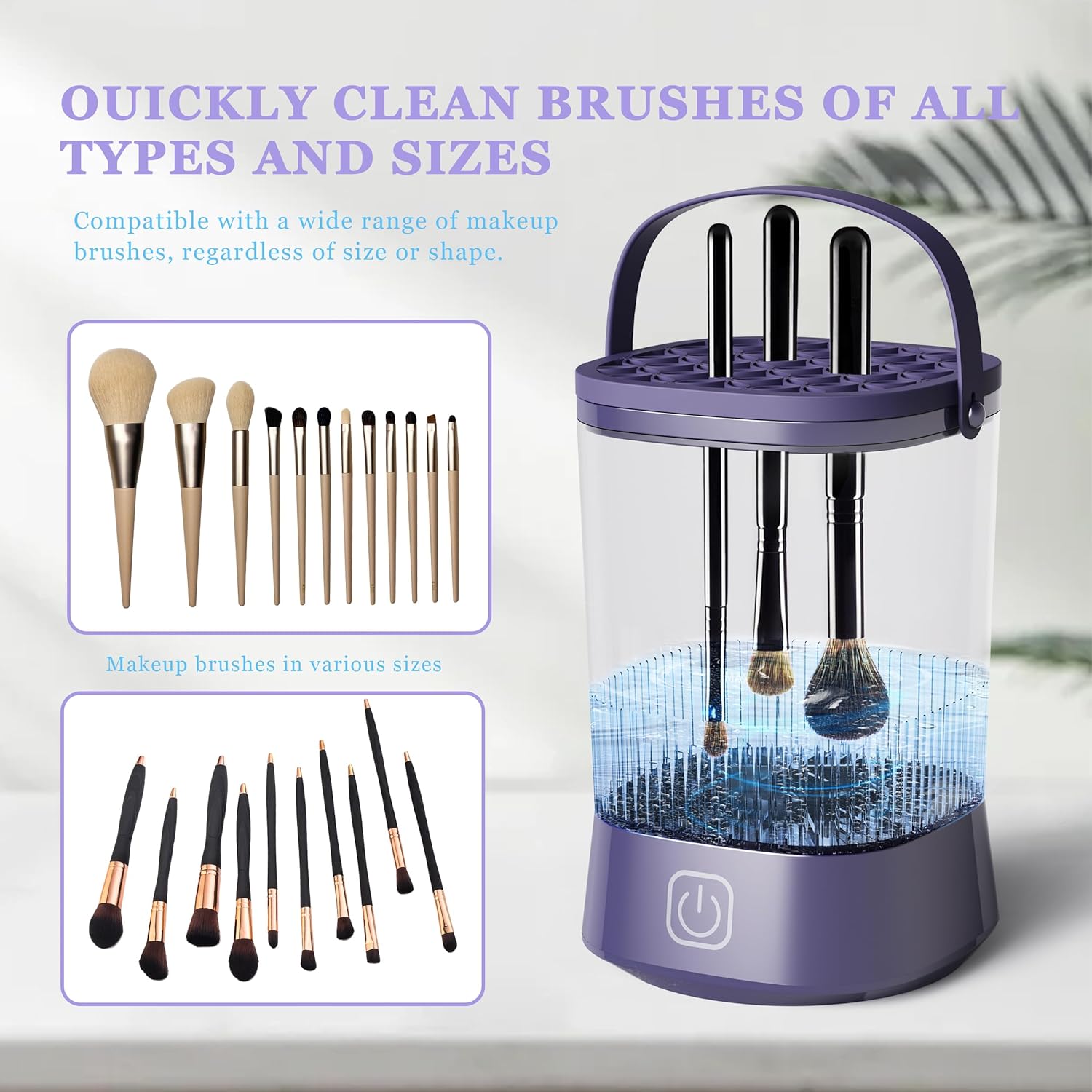 Electric Makeup Brush Cleaner Machine, Automatic Spinning Make up Brush Cleaner with 1200 mAh Rechargeable Battery, Portable Cosmetic Brush Cleaner Dryer Tool for All Size Makeup Brush (Purple)-GlimoraGlow