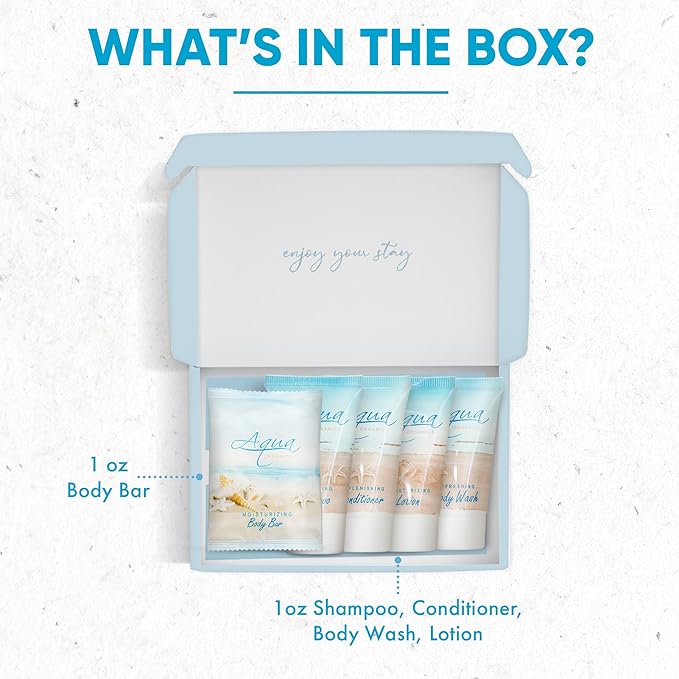 1-Shoppe All-In-Kit|Aqua Organics Amenity Kit|Boxed Hotel Toiletries|Bulk Set 1oz Travel Size Shampoo,Conditioner,Lotion,Body Wash & Bar Soap for Guest Hospitality AirBnB/Vacation Rentals|5 Pieces-GlimoraGlow