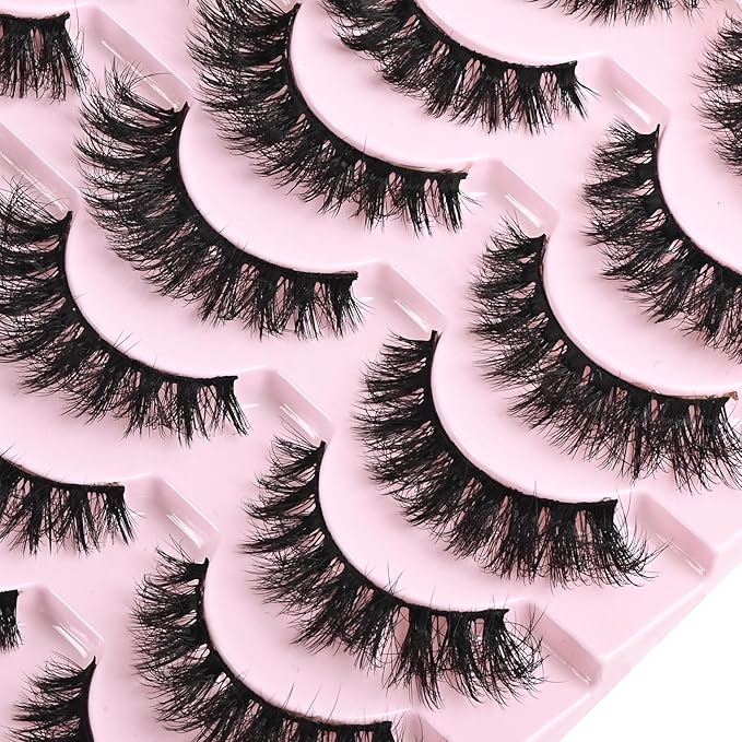 FARRED Wispy Mink Lashes Fluffy False Eyelashes 14 Pairs Fake Eyelashes Natural Look Short Natural Lashes Cat Eye Lash Wispy Volume Eyelash Faux Mink Strip Lashes Pack for Daily Makeup (F19 | 6-13 mm)-GlimoraGlow