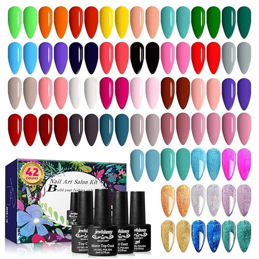 JEWHITENY 45PCS Gel Nail Polish Kit, 42 Colors 5ML Gel Polish Nude Gray Pink Blue Soak Off Glitter Nail Art Starter Kit Beauty Gifts Set for Women Girls Valentines Mother's Day Gift-GlimoraGlow